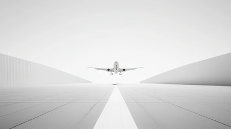 Large passenger airplane is descending towards the runway with its landing gear down. The image is a white backgroundの素材