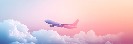 Airplane soaring high above fluffy clouds in a colorful sunset sky, promising a journey of freedom and explorationの素材