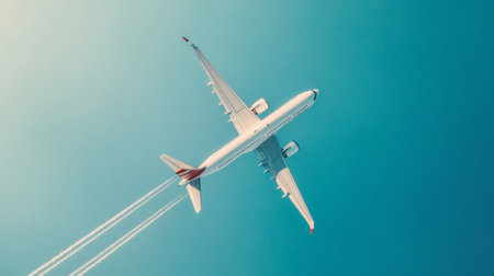 White passenger airplane soars gracefully through the clear blue sky, leaving a long contrail in its wake, symbolizing the freedom and excitement of travelの素材