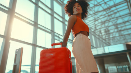 Young woman eagerly waits in the airport terminal with her stylish red suitcase. Ready for her upcoming adventure. Bathed in sunlight and looking towards the airplane outsideの素材