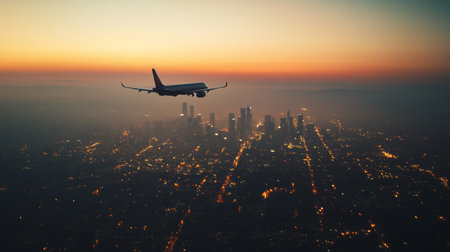 Flying over los angeles at sunset, city lights twinkle below, painting a warm glow across the sky. The bustling urban skyline and vibrant dusk colors capture travel and adventureの素材