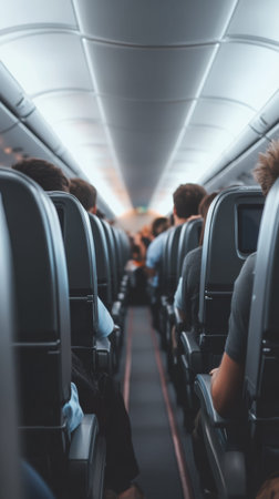 Passengers are settling into their seats on a modern airplane, eagerly anticipating the start of their journey to a new destinationの素材
