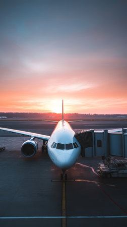 Modern airplane waits at the airport gate, bathed in sunrise light, ready for travelers to board and begin their adventure. Sky painted with pink hues signals a new day of possibilitiesの素材
