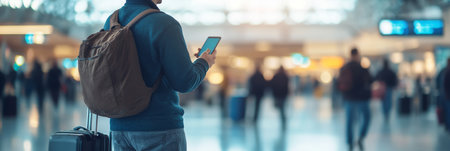 Young man is standing in a crowded airport terminal, using a smartphone app to check his flight status or book a ride. He is carrying a backpack and pulling a suitcase on wheelsの素材