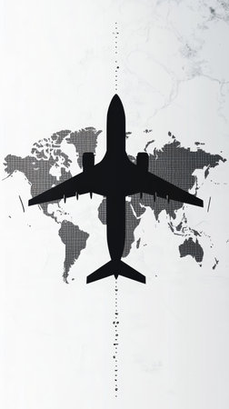 Silhouette of airplane soaring over world map, symbolizing global travel and interconnectedness. Perfect for tourism, business, or wanderlust projectsの素材