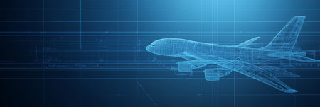 Abstract 3d illustration of an airplane wireframe model flying over an airport runway, representing the concept of travel and aviation technologyの素材