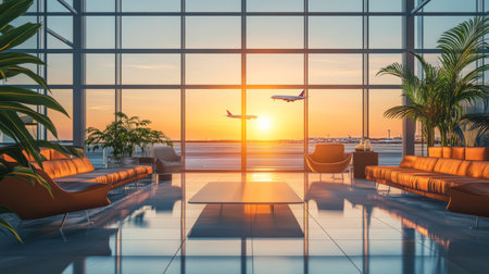 Airplanes are taking off from an airport runway at sunset, seen from a modern and spacious waiting lounge. The image conveys a sense of freedom and the excitement of travelの素材