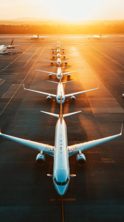 Planes lined up on runway at sunset, ready for takeoff, capturing travel excitement and airport buzz from aboveの素材