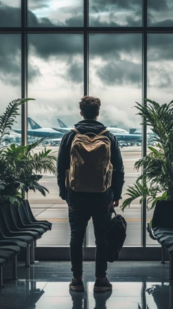Traveler is looking out the window at the airplanes on the tarmac while waiting to board his flight. He is eager to embark on his journeyの素材