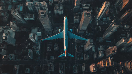 Passenger jet soars above a city, casting a striking shadow as the sun sets. The warm evening glow bathes the urban landscape, with the airplane symbolizing travel and modernityの素材