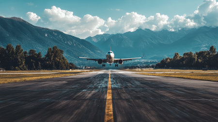 Passenger jet gracefully lands at a busy airport, framed by mountains and clouds, symbolizing travel excitement and new adventuresの素材