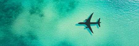 Flying high over a tropical ocean on a sunny day, a passenger jet casts a shadow as it travels, creating a picturesque scene of paradiseの素材