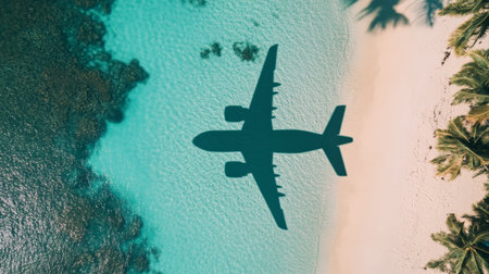 Airplane shadow is flying over a tropical beach with turquoise water and white sand, a concept for travel and tourismの素材