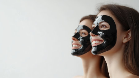 Two young women happily pampering themselves at a spa, applying purifying black face masks for skin care. Smiling and enjoying a relaxing day of beauty treatment and wellnessの素材