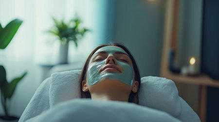 Young woman is lying on a massage table with her eyes closed, enjoying a facial treatment. The serene atmosphere and the rejuvenating mask promise a blissful spa experienceの素材