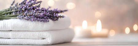 Relaxing spa background is created with fluffy white towels, purple lavender flowers, and soft glowing lights. The perfect image for a health and wellness conceptの素材