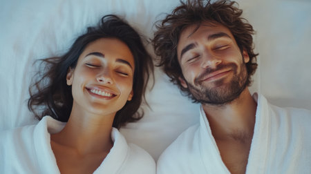 Young couple is lying down with their eyes closed, smiling and wearing bathrobes. They are enjoying a relaxing spa dayの素材