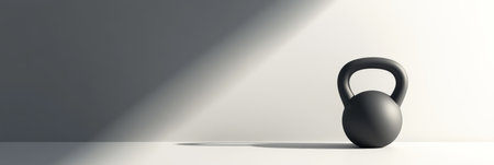 Single black kettlebell standing on white surface casting a long shadow in a beam of light creating a dramatic fitness backgroundの素材