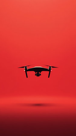 Professional quadcopter drone flying with camera and rotating blades on vibrant red background, showcasing technology and aerial photographyの素材