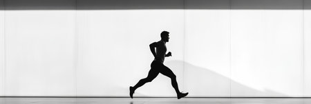 Black and white silhouette of male athlete running with speed and determination against a clean white background, showcasing the power and grace of human movement in a modern urban settingの素材