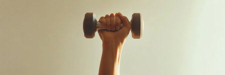 Hand firmly gripping dumbbell, conveying strength, determination, and commitment to fitness goals, perfect for promoting active lifestyle and gym workoutsの素材