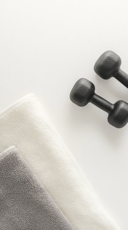 Two black dumbbells lie near neatly folded grey and white towels on a pristine white surface, creating a minimalist composition that evokes themes of fitness, personal care, and a healthy lifestyleの素材