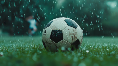 Close up view of a muddy soccer ball sitting on a lush green field during a rainy soccer game, with a player running in the background and water droplets splashing aroundの素材