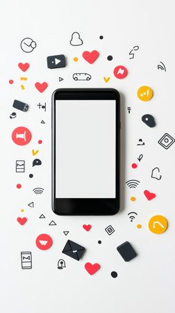 Smartphone surrounded by social media icons on white surface, showing online communication and mobile tech in modern lifeの素材