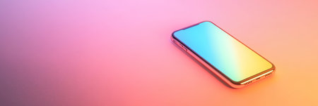 Modern smartphone with gradient colors on screen laying on surface with pink and orange light, representing mobile technology, apps, and social media marketingの素材