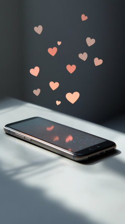 Hearts floating from a smartphone screen represent online affection, symbolizing virtual love, social media engagement, and modern dating appsの素材