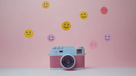Pastel blue and pink camera captures happiness with emojis on a white surface against a pink backdrop, symbolizing positive engagement on social mediaの素材