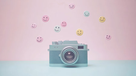 Vintage camera sits on a two toned pastel background, capturing the essence of happy moments as colorful emojis float above, symbolizing positive feedback and engagement on social media platformsの素材