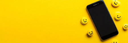 Smartphone on a yellow surface with emojis, showing satisfaction and positive feedback for social media and customer reviewsの素材