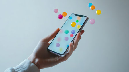 Woman holding smartphone with colorful bubbles floating on screen and in air, representing social media icons, marketing apps, and digital communicationの素材