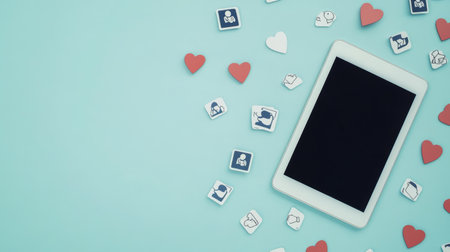 White tablet is lying on teal surface surrounded by various social media icons and red and white hearts symbolizing online interaction and communicationの素材