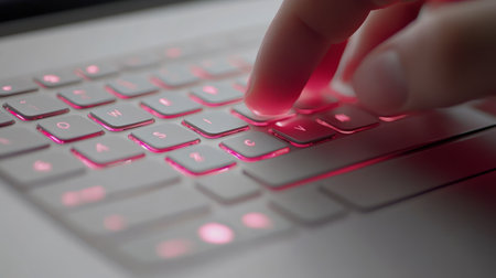 Finger is pressing a key on a backlit keyboard, creating a modern pink light, perfect for technology, social media, and communication conceptsの素材