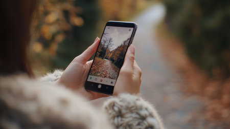 Woman wearing a knitted sweater is taking a photo of a beautiful autumnal landscape with a smartphone app, capturing the vibrant colors and serene atmosphere of natureの素材