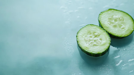Two glistening cucumber slices rest on a calming blue surface with water droplets, embodying the essence of natural skincare and promoting hydration for healthy, radiant skinの素材