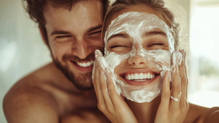 Cheerful man and woman are smiling while applying a moisturizing foam on the face, enjoying their skincare routine together in the bathroomの素材