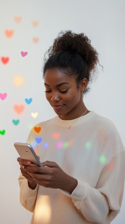 Young woman is using her smartphone with colorful heart shapes overlaid, symbolizing social media interaction, engagement, and online connectionsの素材