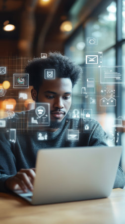 African american software developer is working on a laptop in a modern office with augmented reality social media icons and apps floating in the airの素材