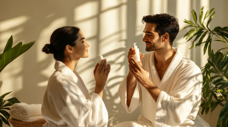 Relaxed couple wearing white bathrobes holding cosmetic dispensers, enjoying their skincare routine in a naturally lit room with houseplantsの素材