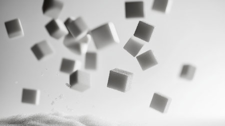 Falling sugar cubes on granulated sugar, symbolizing excessive consumption and promoting reflection on reducing sugar for better healthの素材