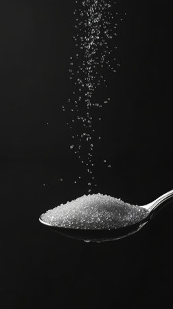 Falling sugar on spoon against black background raises questions about sugar consumptionの素材