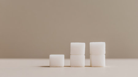 Three stacks of sugar cubes show increasing height, warning about excessive sugar intake and promoting a healthier lifestyleの素材