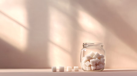 Promoting a sugar free lifestyle. A glass jar filled with refined sugar cubes sits on a shelf. With a row of cubes arranged in front. Under soft. Diffused lighting. Creating a health conscious visualの素材