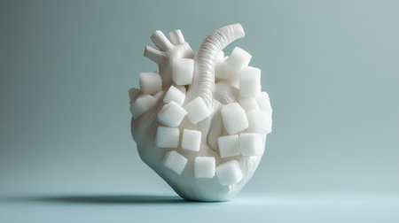 Sugar cubes cover a heart model, warning about sugars health risks and promoting a low sugar lifestyle for better heart healthの素材