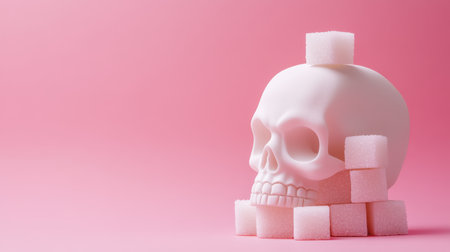 White skull with sugar cube on top and a stack of sugar cubes beside it, conveying the health risks of excessive sugar consumption on a vibrant pink backdropの素材