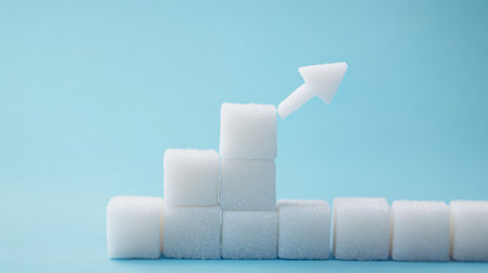 Ascending sugar graph on light blue background warns of health risks from excessive sugar consumptionの素材