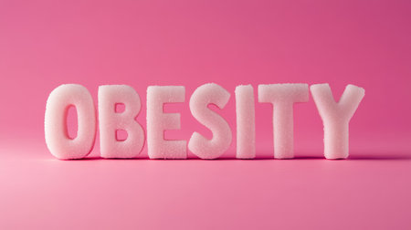 Sugar letters spelling obesity standing on a pink background representing the dangers of excessive sugar consumption and its link to weight gain and health issuesの素材